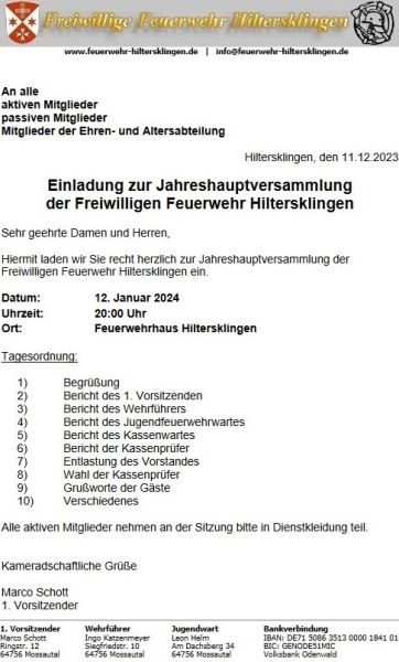 Einladung Jahreshauptversammlung 12.01.2024